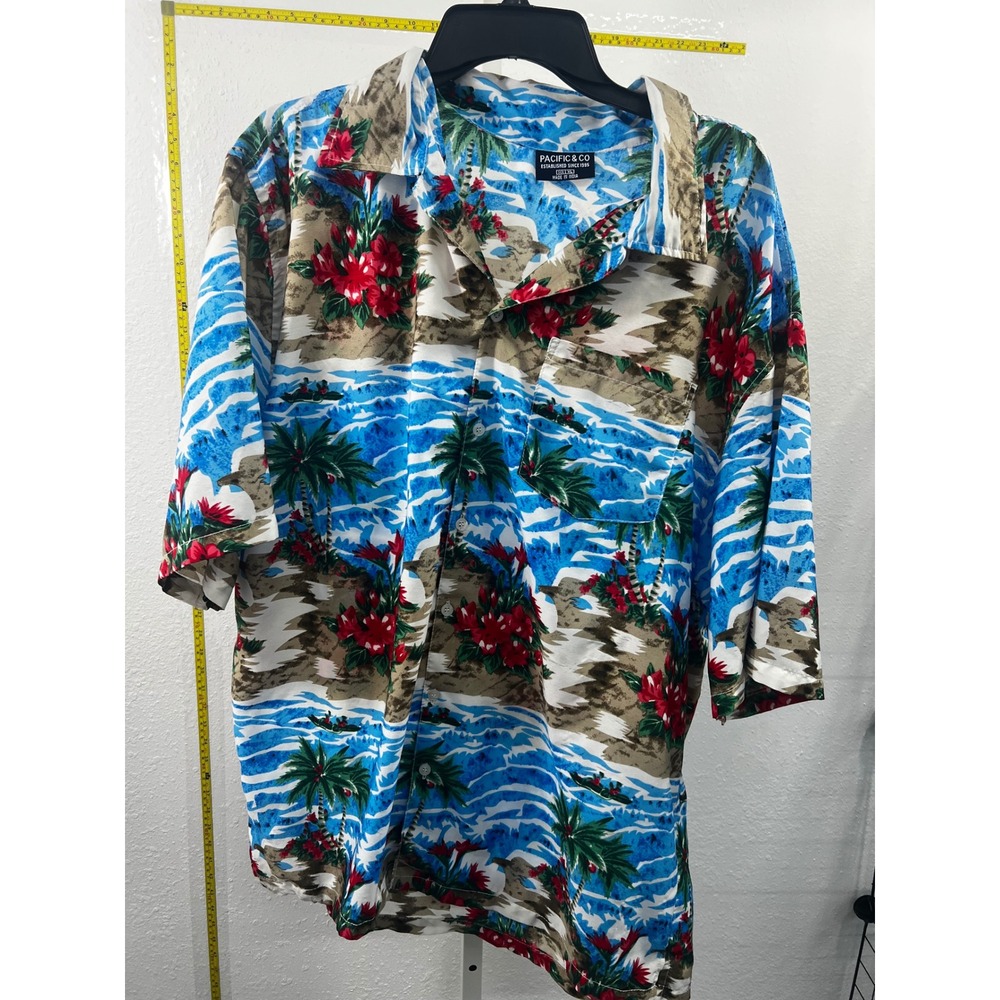 Pacific & Co Mens XL Hawaiian Aloha Shirt Blue Tropical Floral Palm Tree Beach
